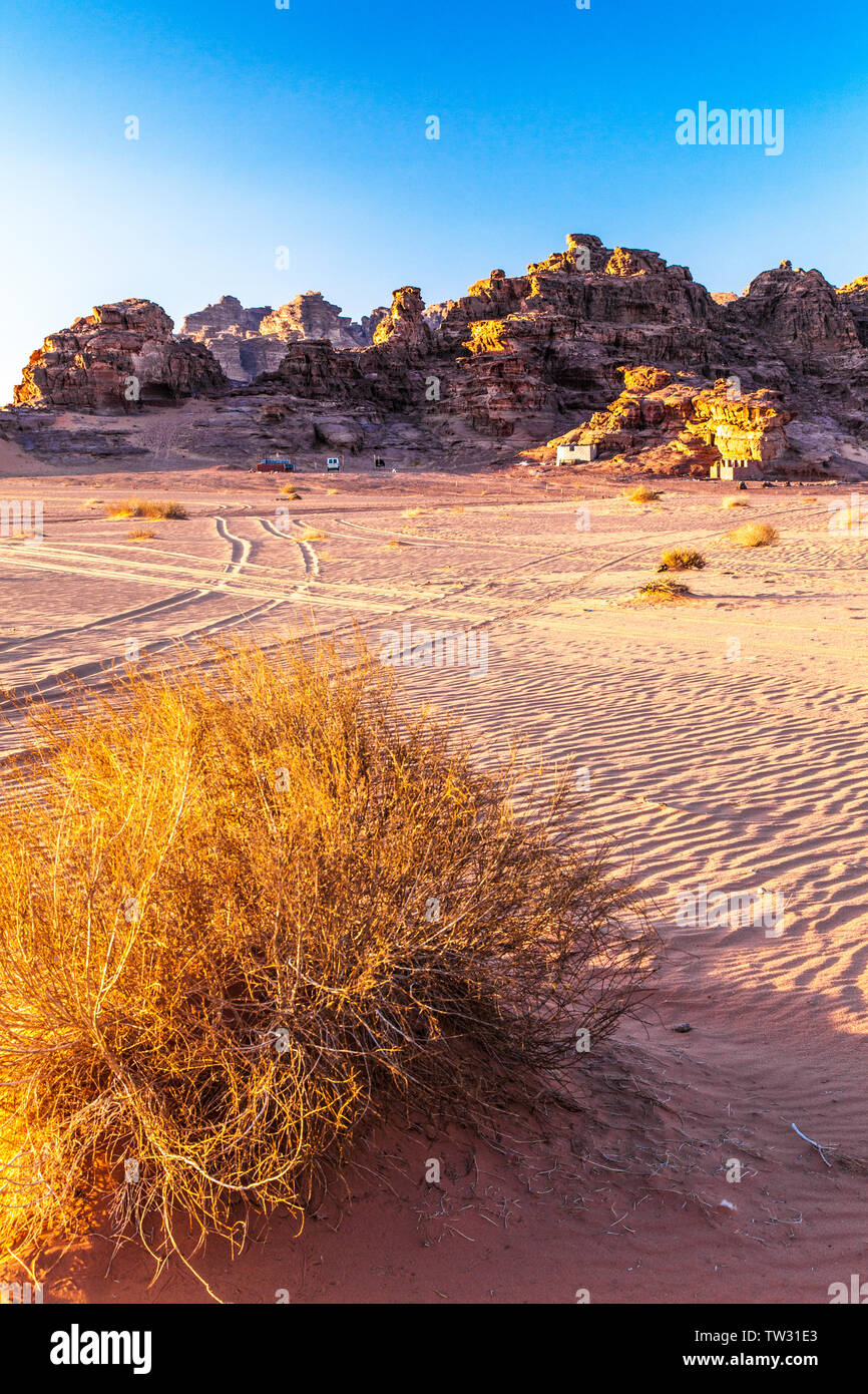Rock formations in the Jordanian desert at Wadi Rum or Valley of the Moon. Stock Photo