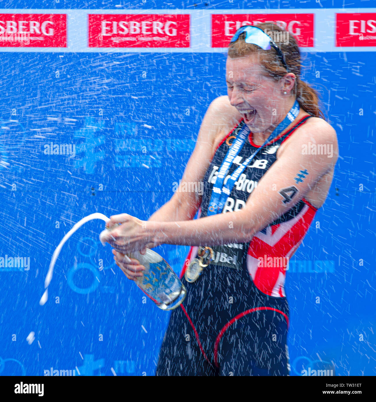 Georgia Taylor Brown Gold Winner in first place at the World Triathlon Series ITU Elite Womens Triathlon Competition in Leeds 2019 Stock Photo