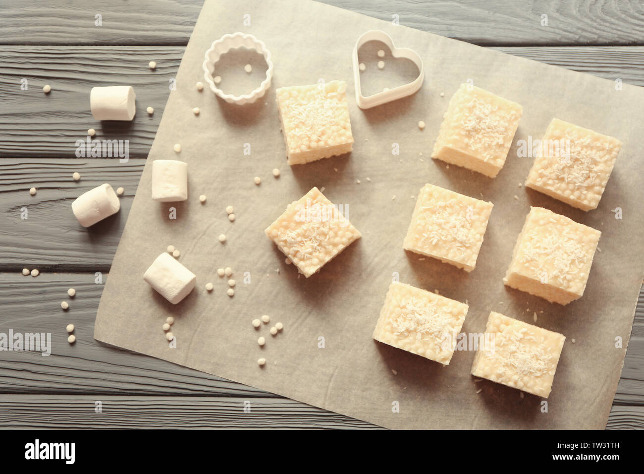 Rice crispy treats on parchment paper Stock Photo Alamy
