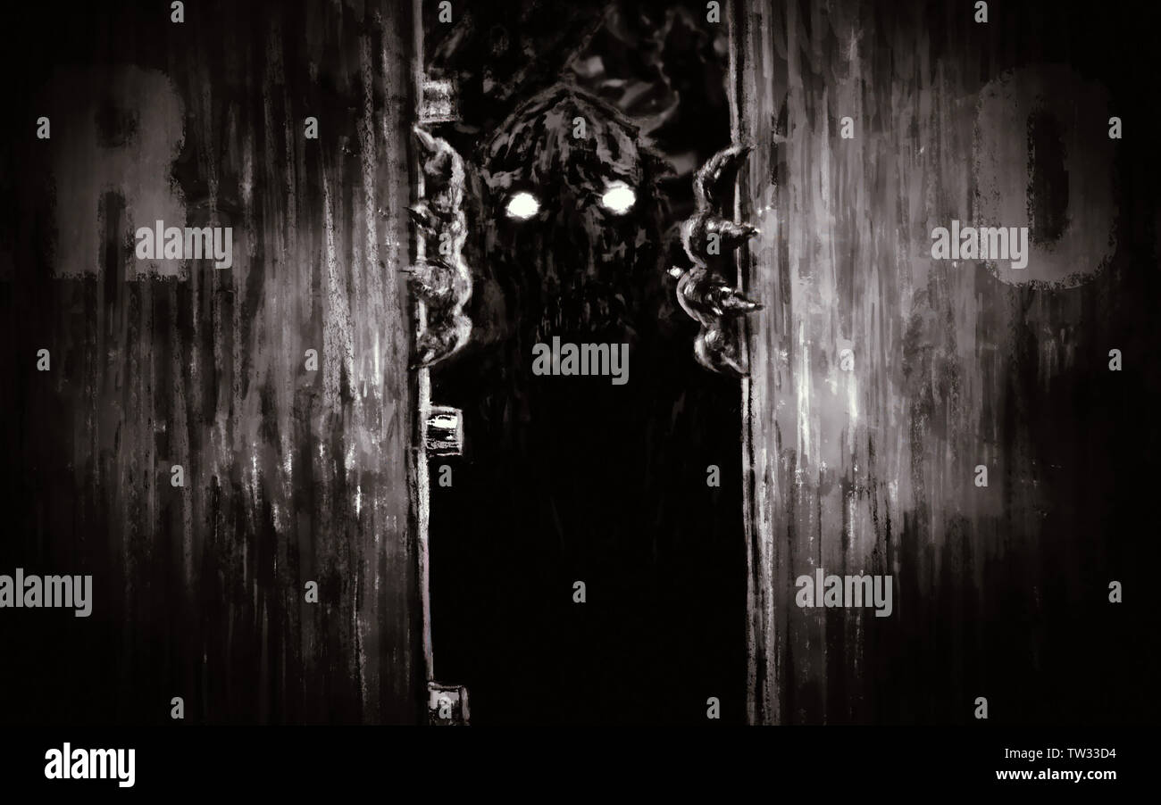 Enraged zombie monster opens bunker doors and growls. Illustration in