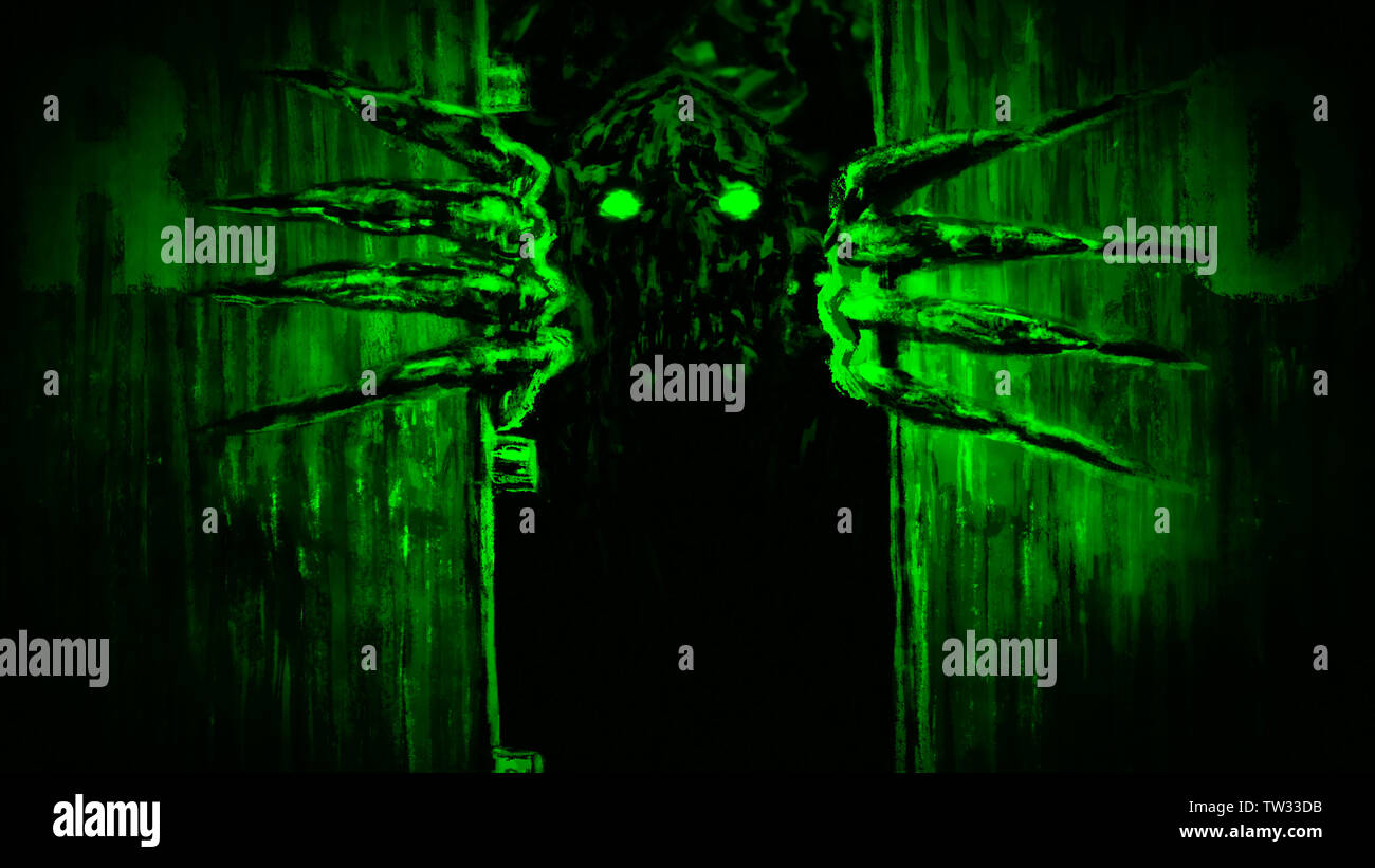 Enraged zombie monster opens bunker doors and growls. Illustration in