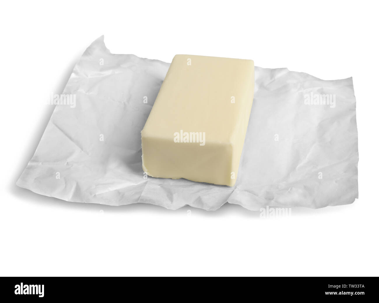 Wrapping with piece of butter on white background Stock Photo - Alamy