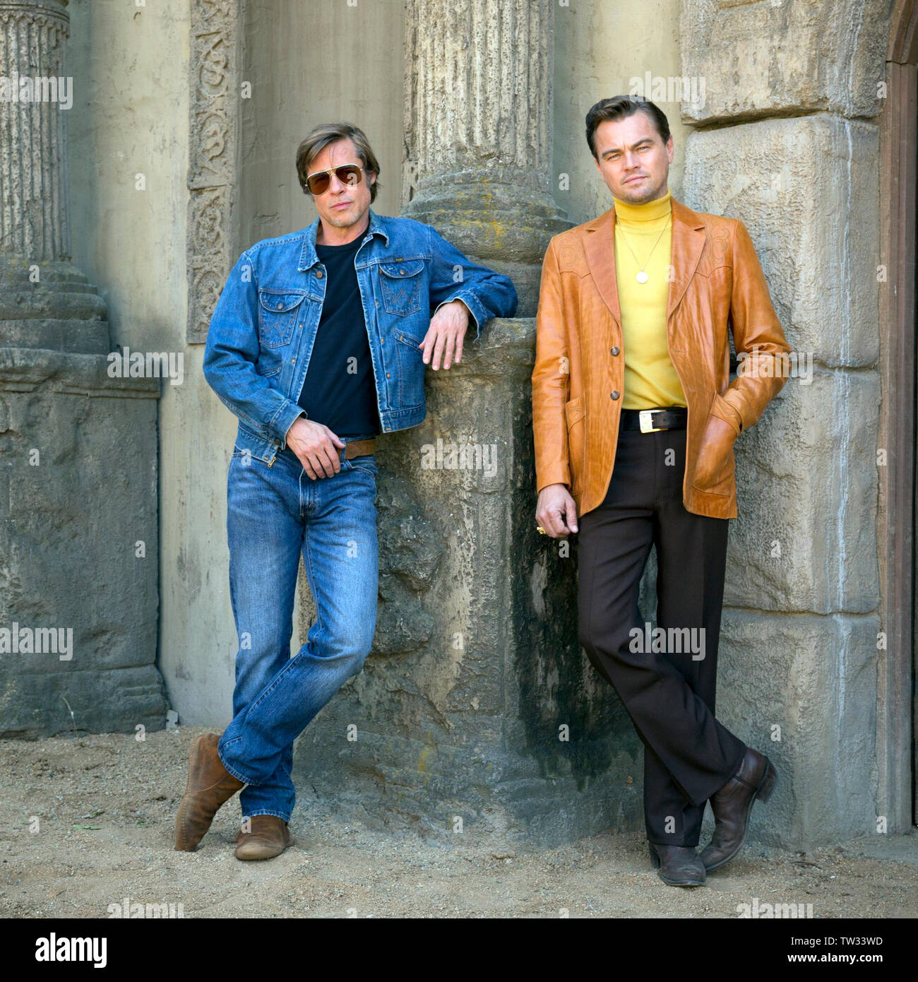 Once Upon a Time ... in Hollywood (2019) directed and written by Quentin Tarantino and starring Brad Pitt as Cliff Booth a TV actor and Leonardo DiCaprio as Rick Dalton, his stunt double. Stock Photo