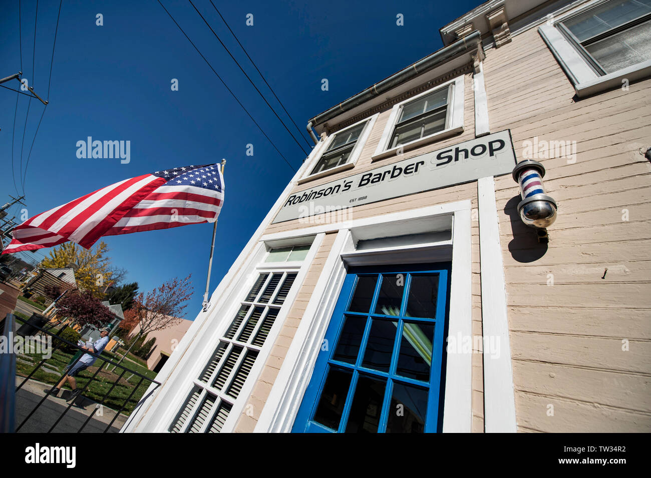 UNITED STATES - November 16. 2015: Nelson Lassiter  barber shop in downtown Leesburg Virginia. The photo was taken for a feature story on the longest Stock Photo