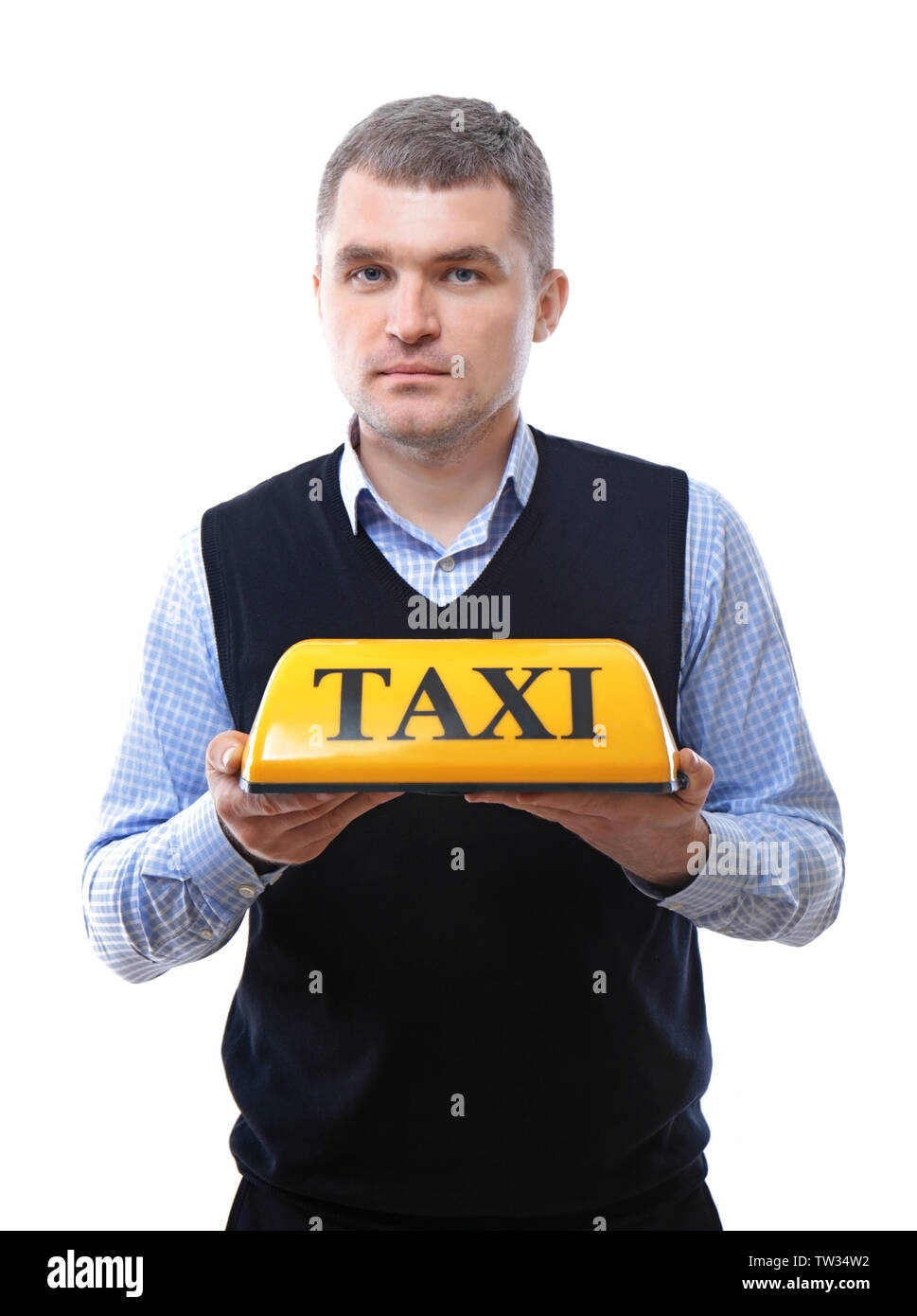 Man with taxi roof light on white background Stock Photo - Alamy