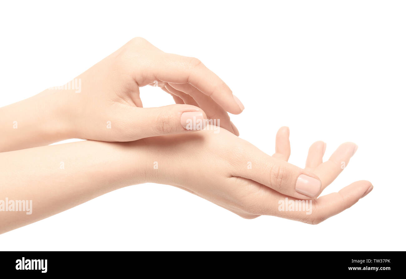 Epilated female hands on white background Stock Photo - Alamy