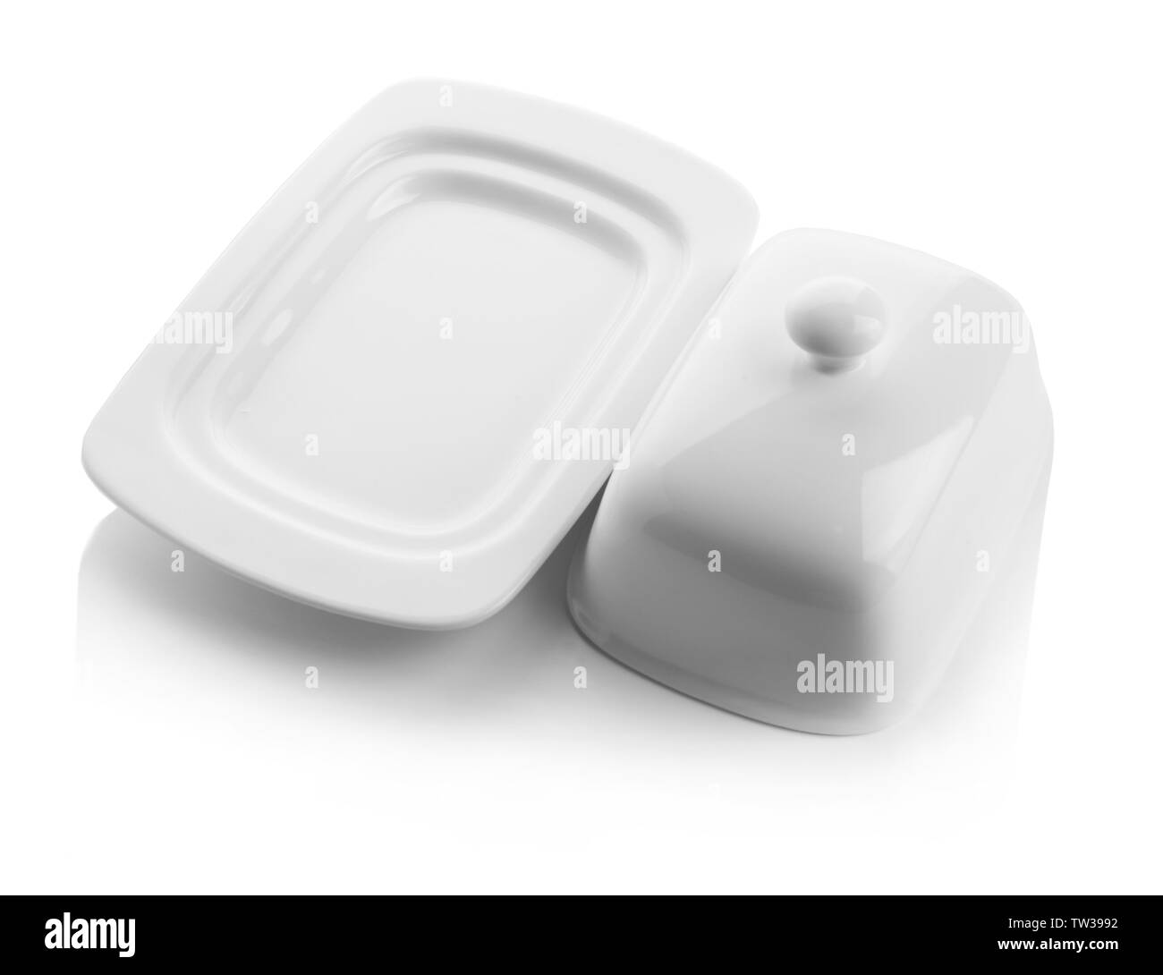 Empty butter dish on white background Stock Photo Alamy