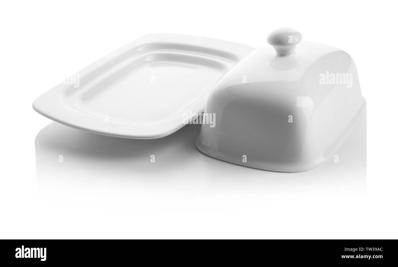 Empty butter dish on white background Stock Photo Alamy