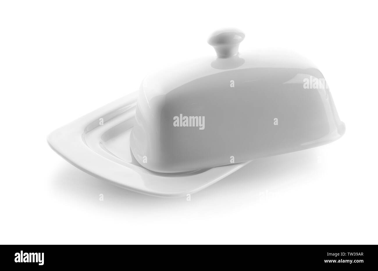 Empty butter dish on white background Stock Photo Alamy