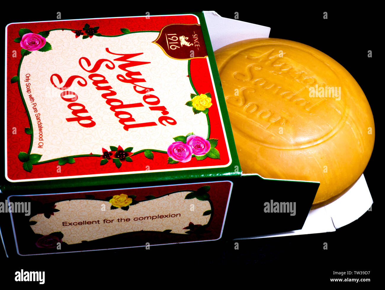 A fresh bar of Mysore sandal soap in its presentation box, a brand manufactured since 1916 by Indian company Karnataka Soaps and Detergents. Stock Photo
