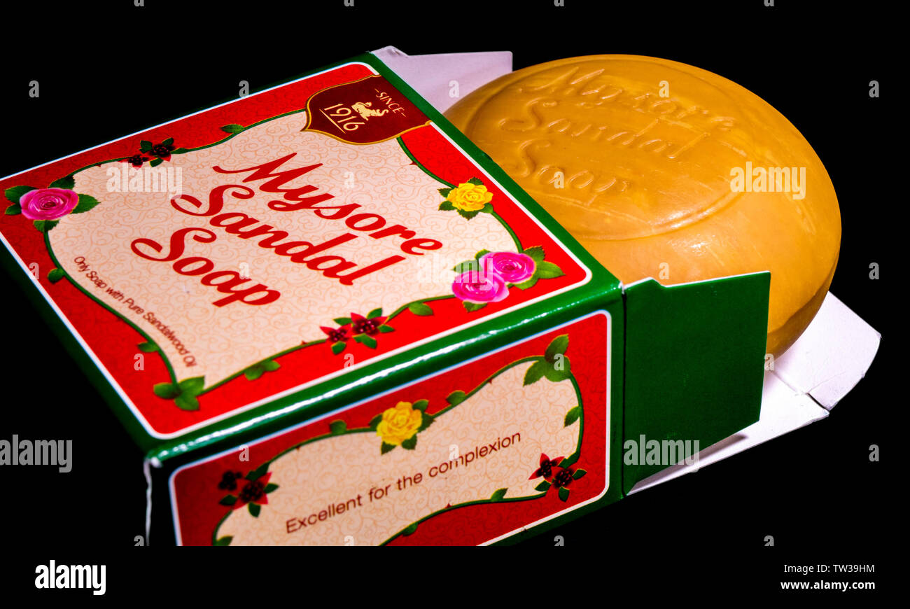 A fresh bar of Mysore sandal soap in its presentation box, a brand