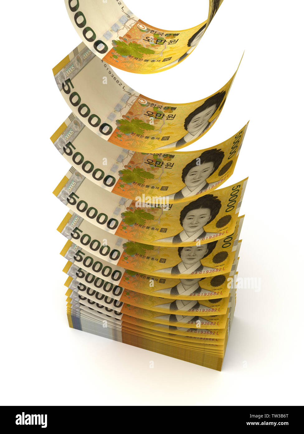 Falling South Korean Won (isolated with clipping path) Stock Photo
