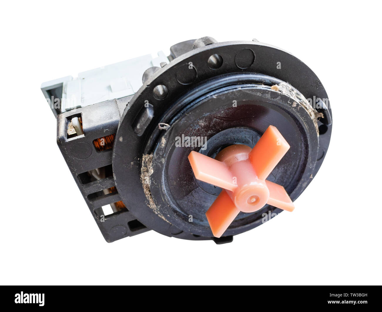 malfunctioning water pump motor of old washing machine cut out on white background Stock Photo