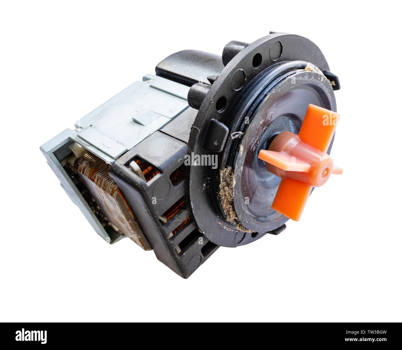 used water pump motor of old washing machine cut out on white background Stock Photo