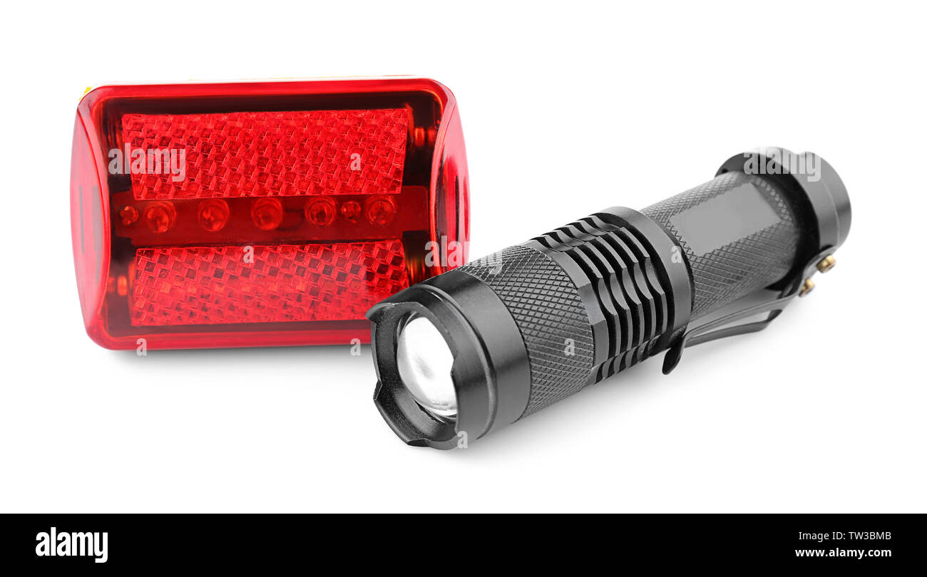 Safety lights for bicycle on white background Stock Photo