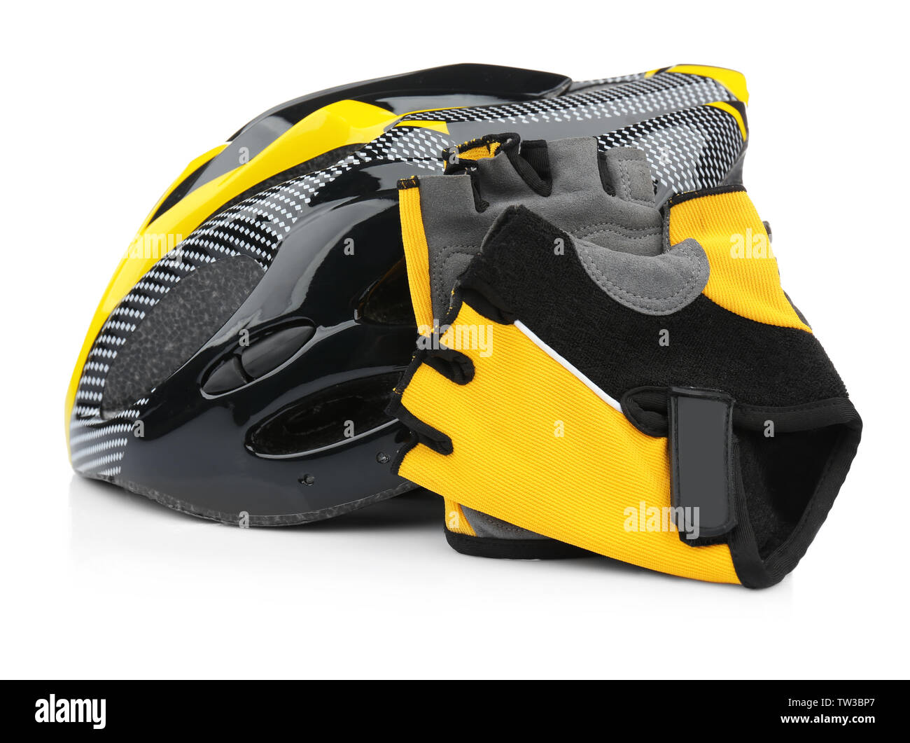 Bicycle helmet and gloves on white background Stock Photo Alamy