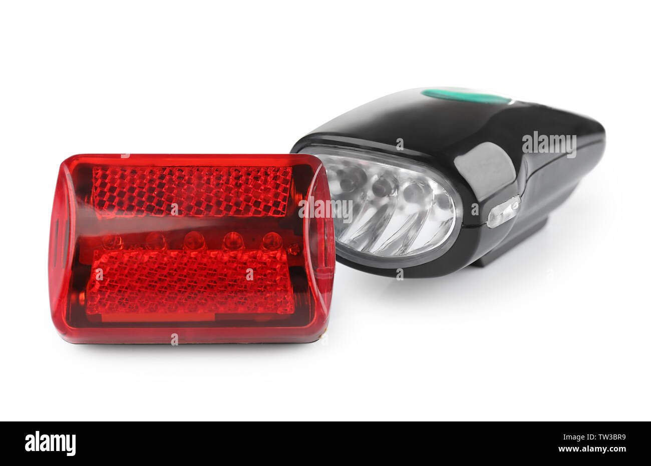 Safety lights for bicycle on white background Stock Photo