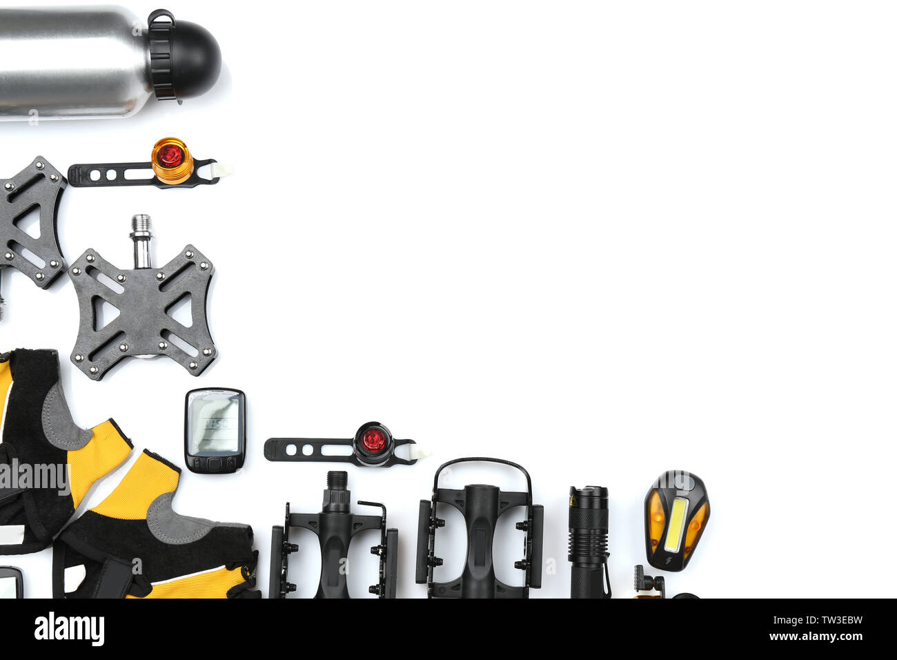 Set of bicycle accessories on white background Stock Photo