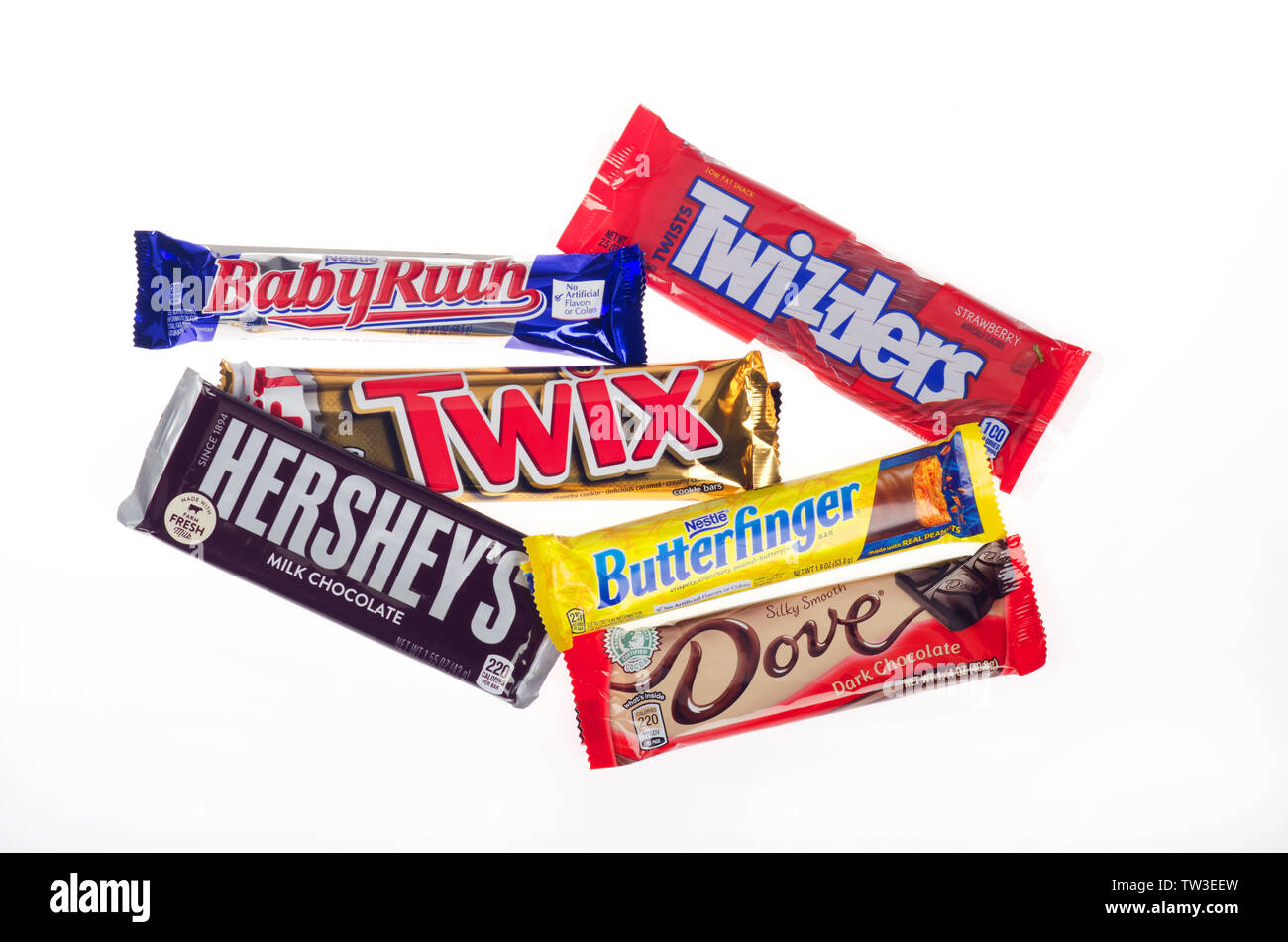 Assorted candy bars and licorice from Nestle, Hersheys, Dove and Mars Stock Photo