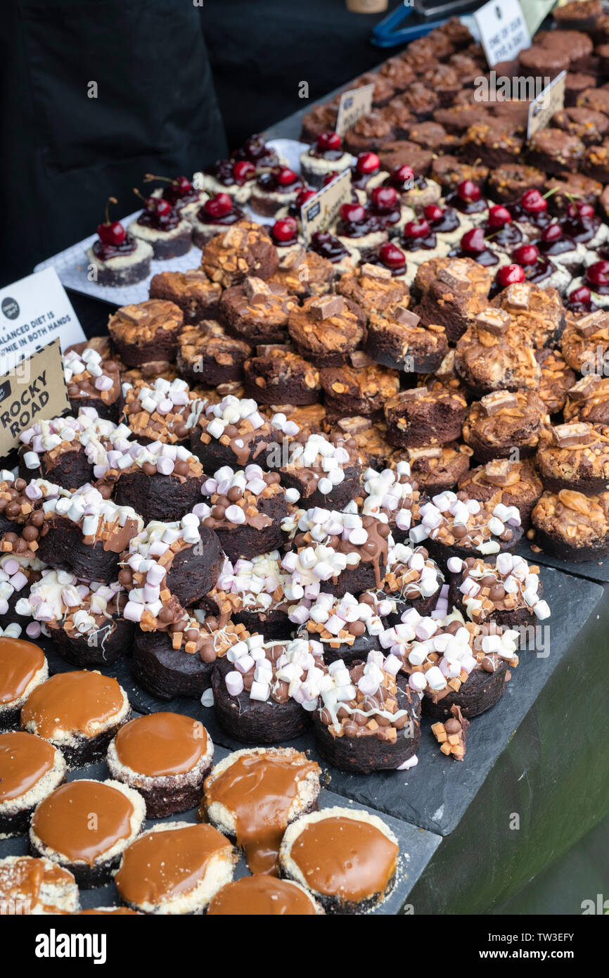 Homemade chocolate brownies on a food stall at Stonor Park food festival. Stonor, Henley-on-Thames, Oxfordshire, England Stock Photo