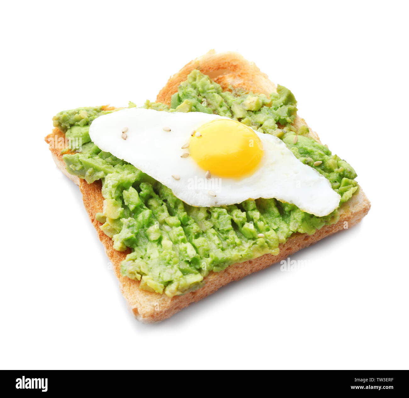 Tasty breakfast toast with avocado and quail egg on white background Stock Photo Alamy
