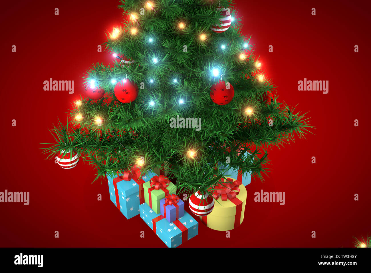3D rendering, Christmas tree with red background Stock Photo - Alamy