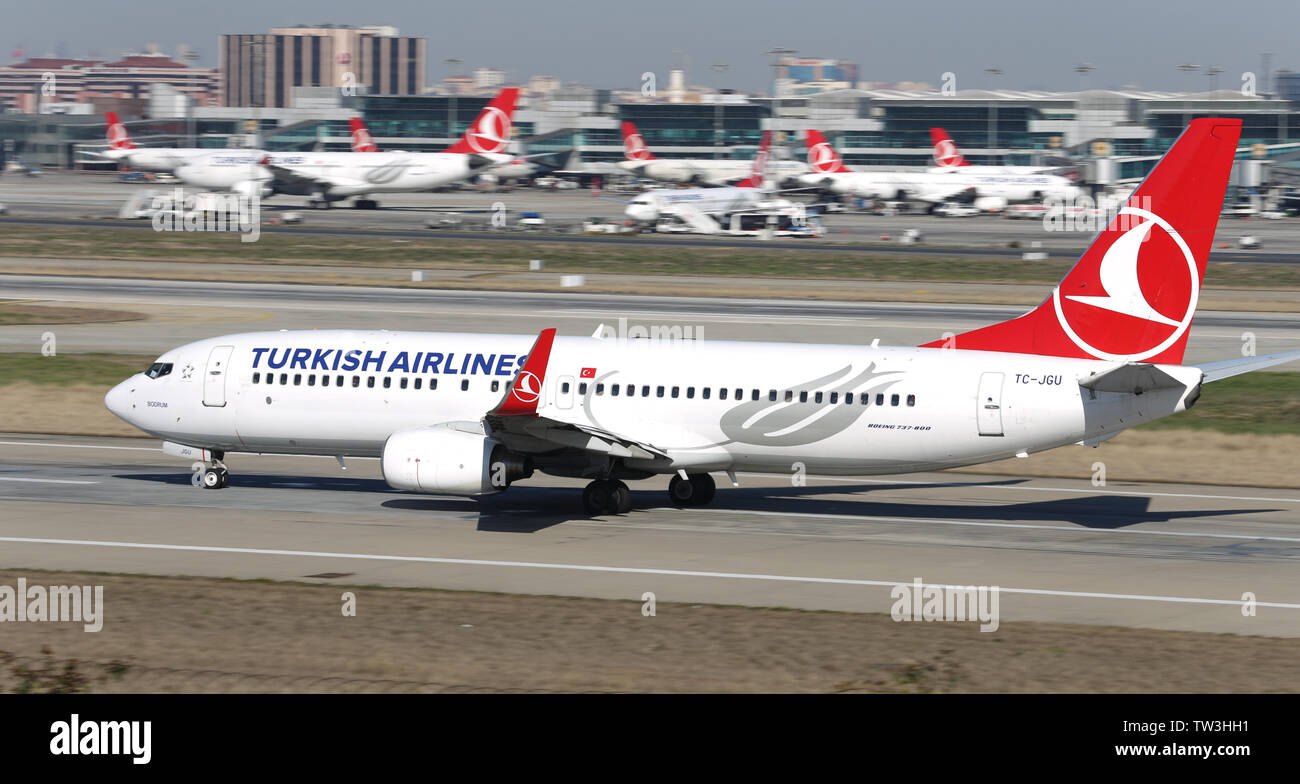 ISTANBUL, TURKEY - MARCH 17, 2019: Turkish Airlines Boeing 737-8F2 (CN 34418) takes off from Istanbul Ataturk Airport. THY is the flag carrier of Turk Stock Photo