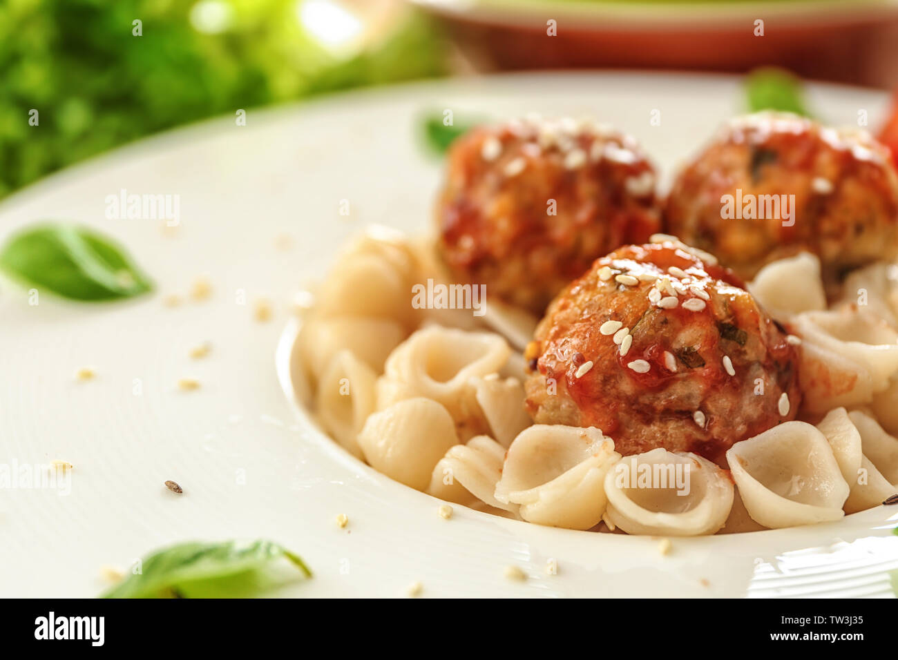 Plate with turkey meatballs and pasta, closeup Stock Photo Alamy