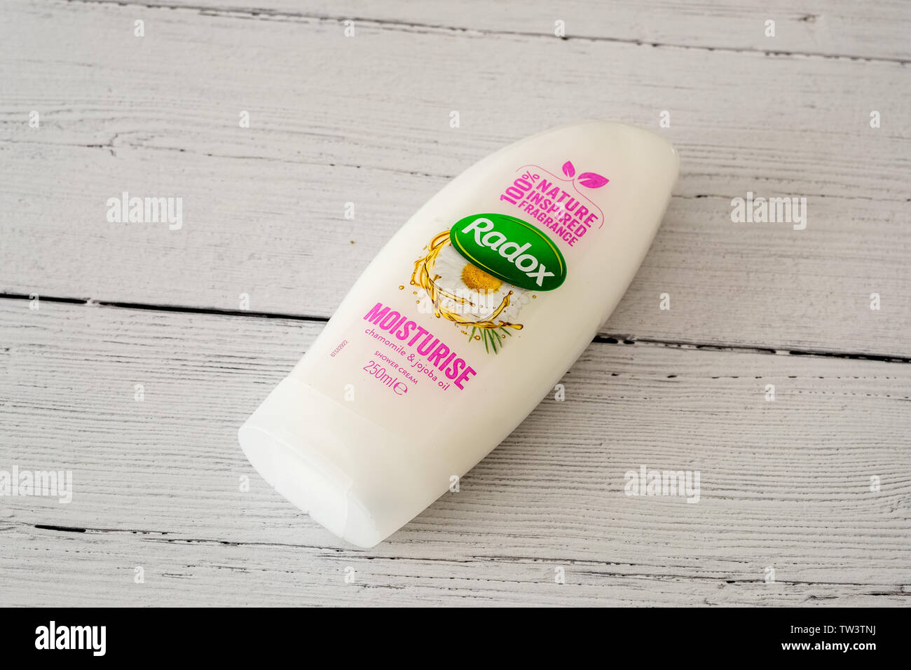 Largs, Scotland, UK - June 06, 2019: Radox branded moisturise cream in a plastic recyclable bottle and cap in line with UK recycling guidelines. Stock Photo
