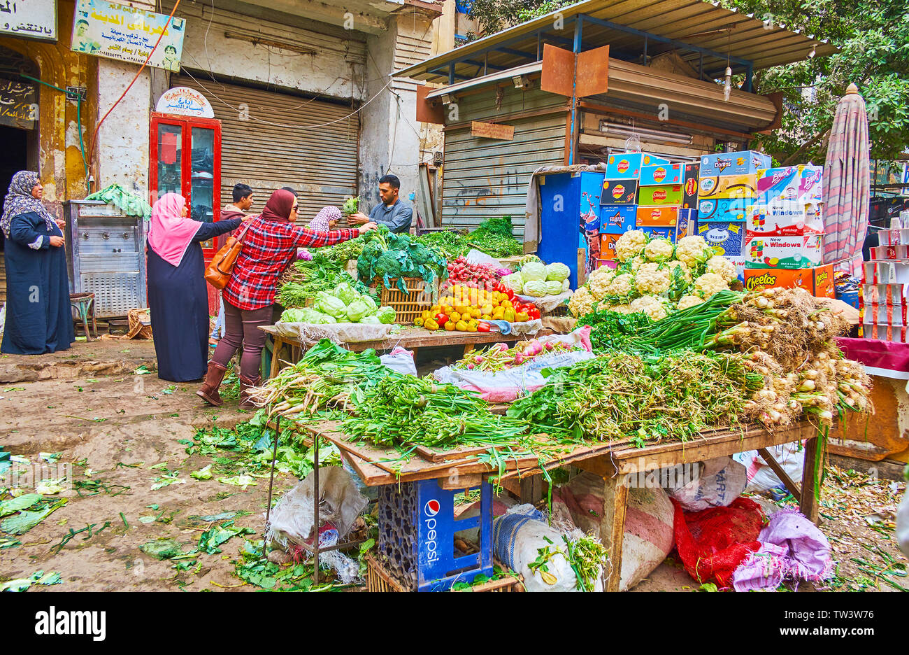 CAIRO, EGYPT DECEMBER 22, 2017 The fresh vegetables in stall of Souq