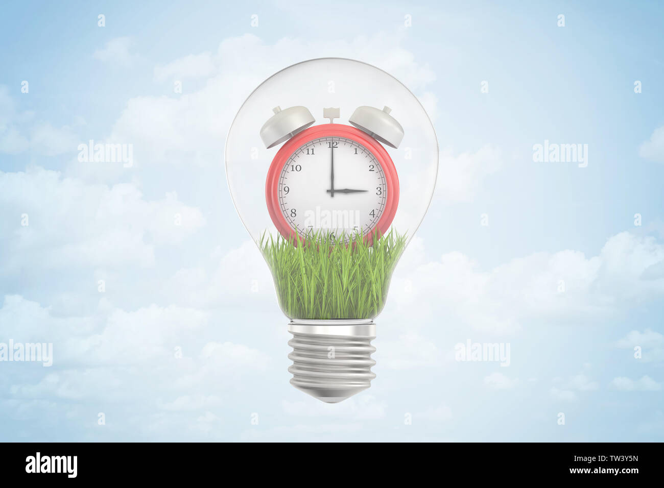 3d rendering of red alarm clock inside of light bulb on blue background