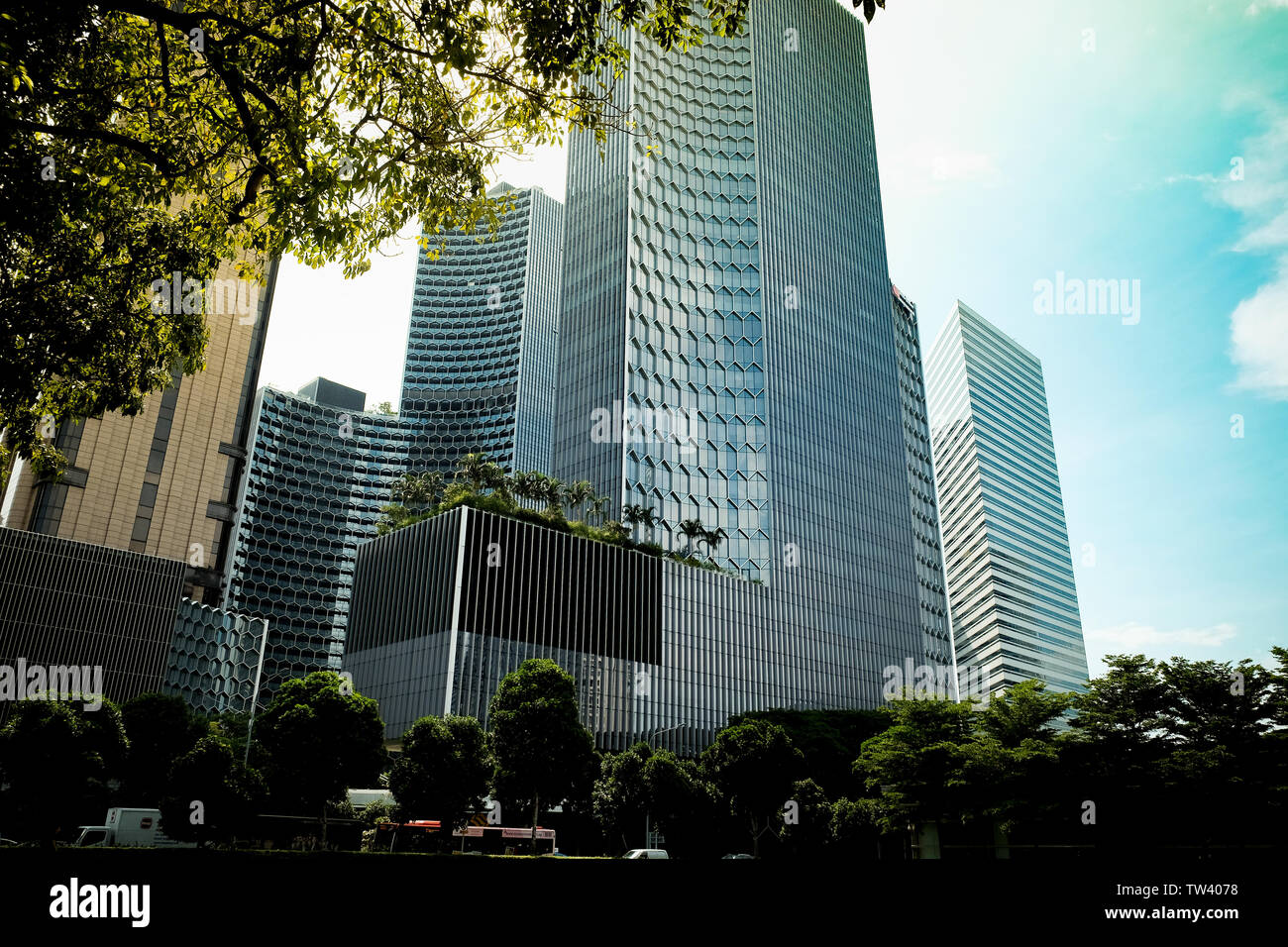 Duo towers in Singapore Bugis district. Modern skyscrapers of