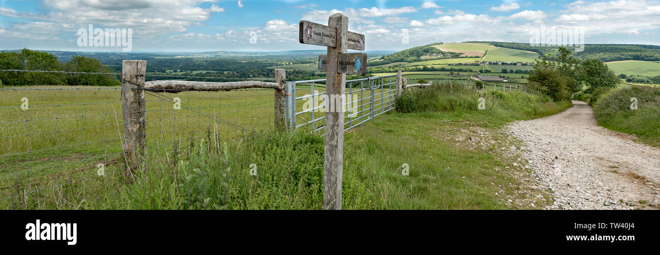 Cocking, West Sussex, UK, May, 17, 2019. The view towards Cocking and Midhurst from Cocking Down on the South Downs Way. The way is 160km long. Stock Photo