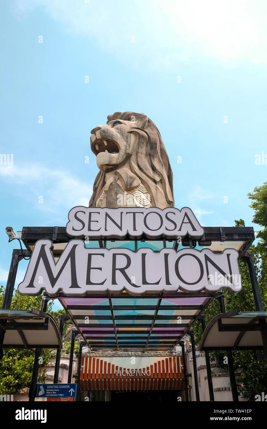 The Sentosa Merlion 37 meter tall viewing tower depicting the mythical creature with a lions head and fish body with 360 degree views over the island. Stock Photo