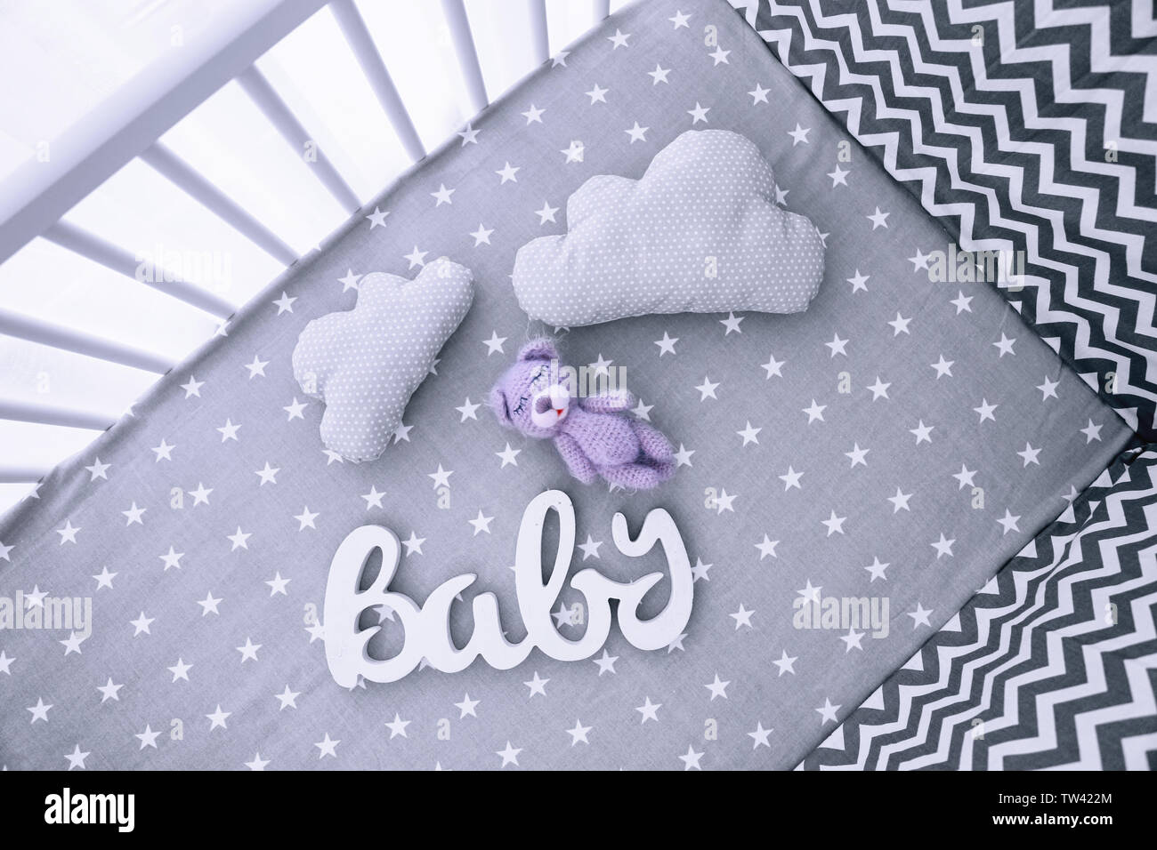 Adorable Handmade Crochet Bear Toy With Decor And Pillows In Crib