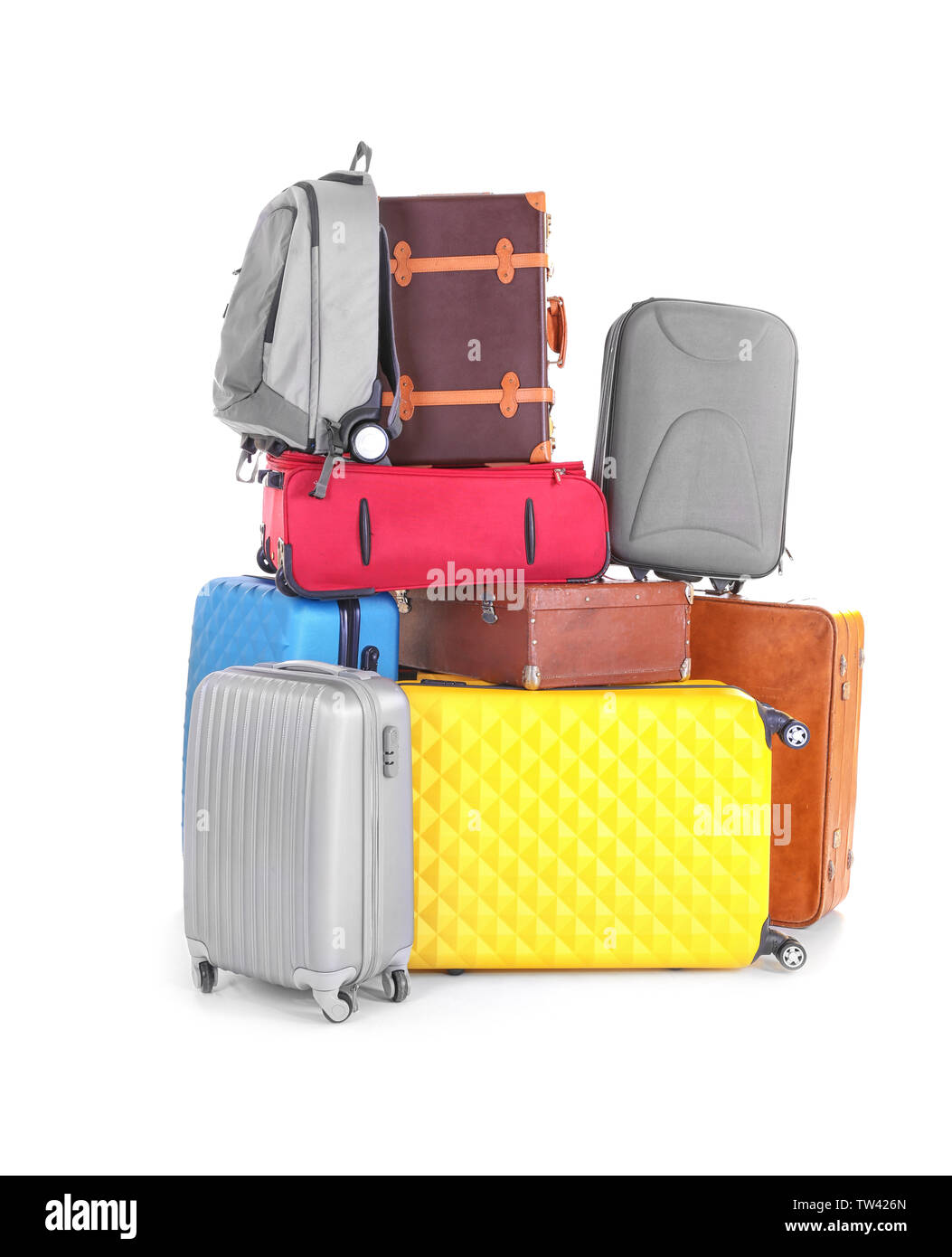 Pile of different heavy luggage on white background. Overweight concept