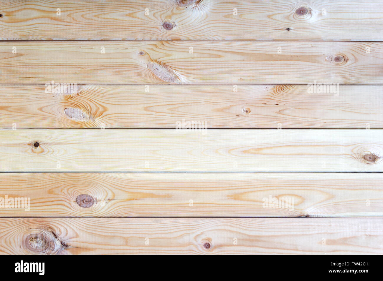 Light wood background. Pine-tree natural surface texture with knots and annual growth lines. Old style pattern. Polished plank table. Copy space. Top Stock Photo