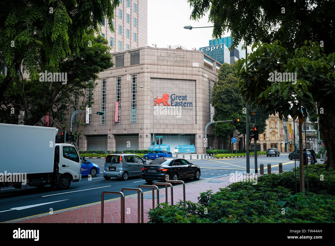 Great Eastern Life logo and building in Singapore Pickering Street. Stock Photo