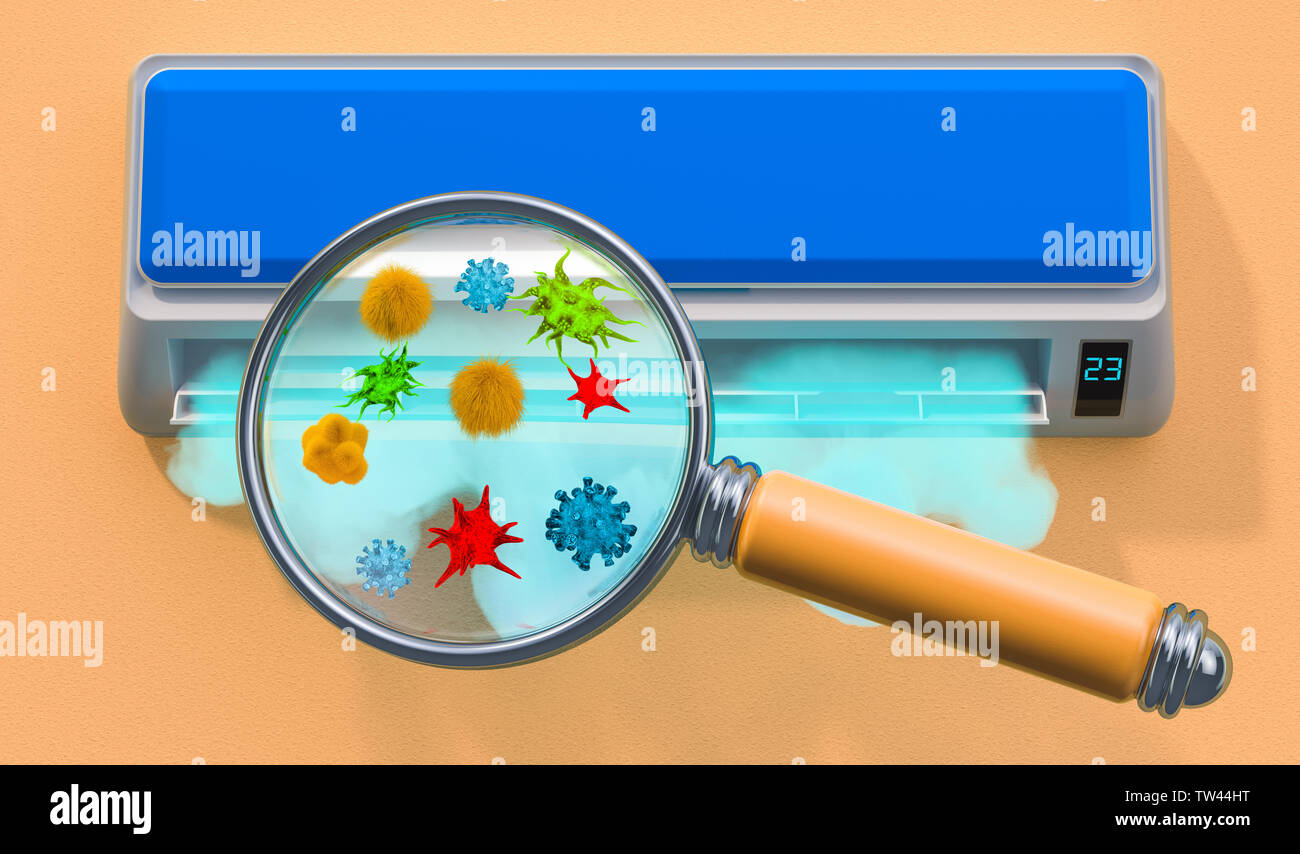 Air conditioner with germs and bacterias under magnifying glass. 3D rendering Stock Photo Alamy