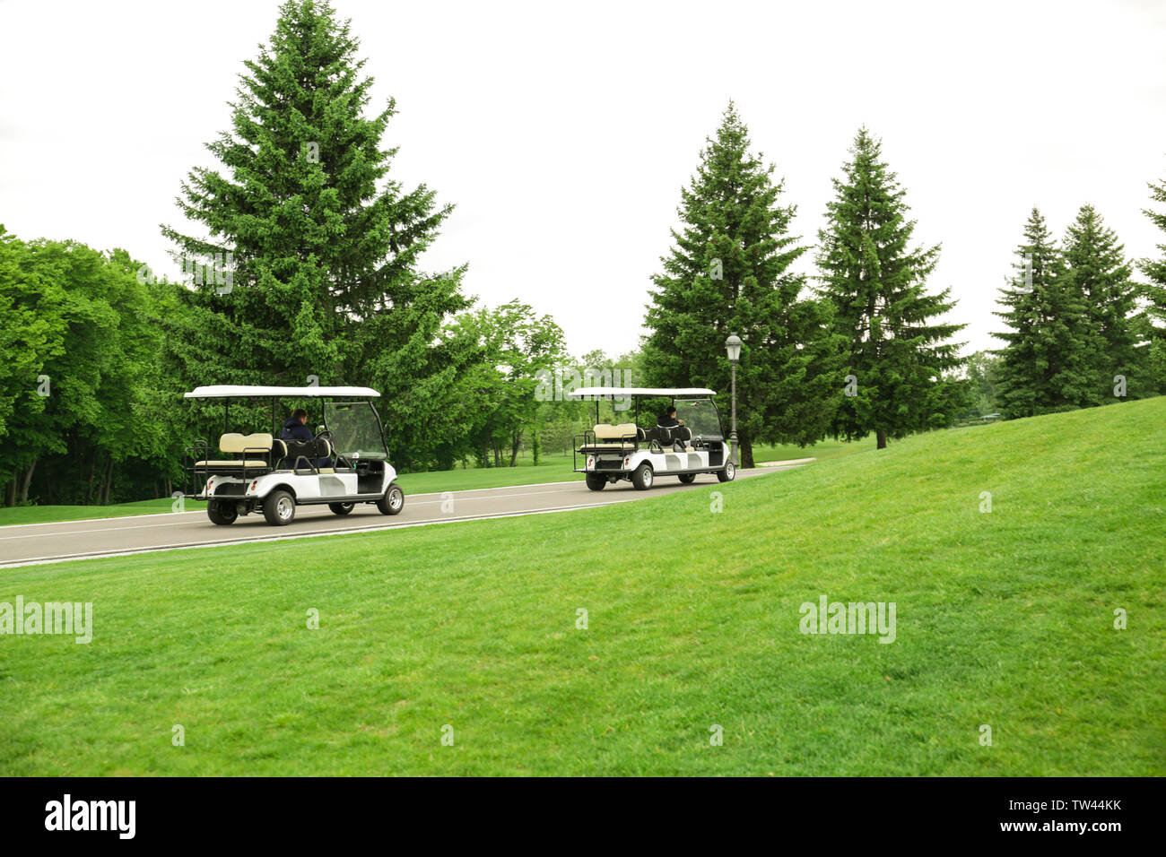 Modern golf carts driving along the road near green course Stock Photo