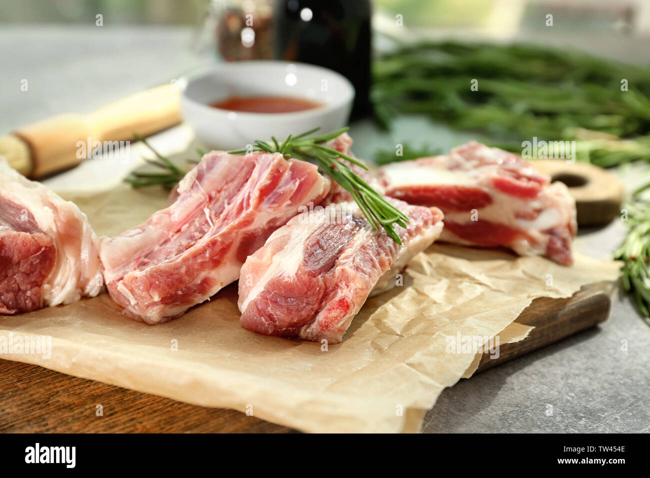 Raw ribs on parchment paper Stock Photo Alamy