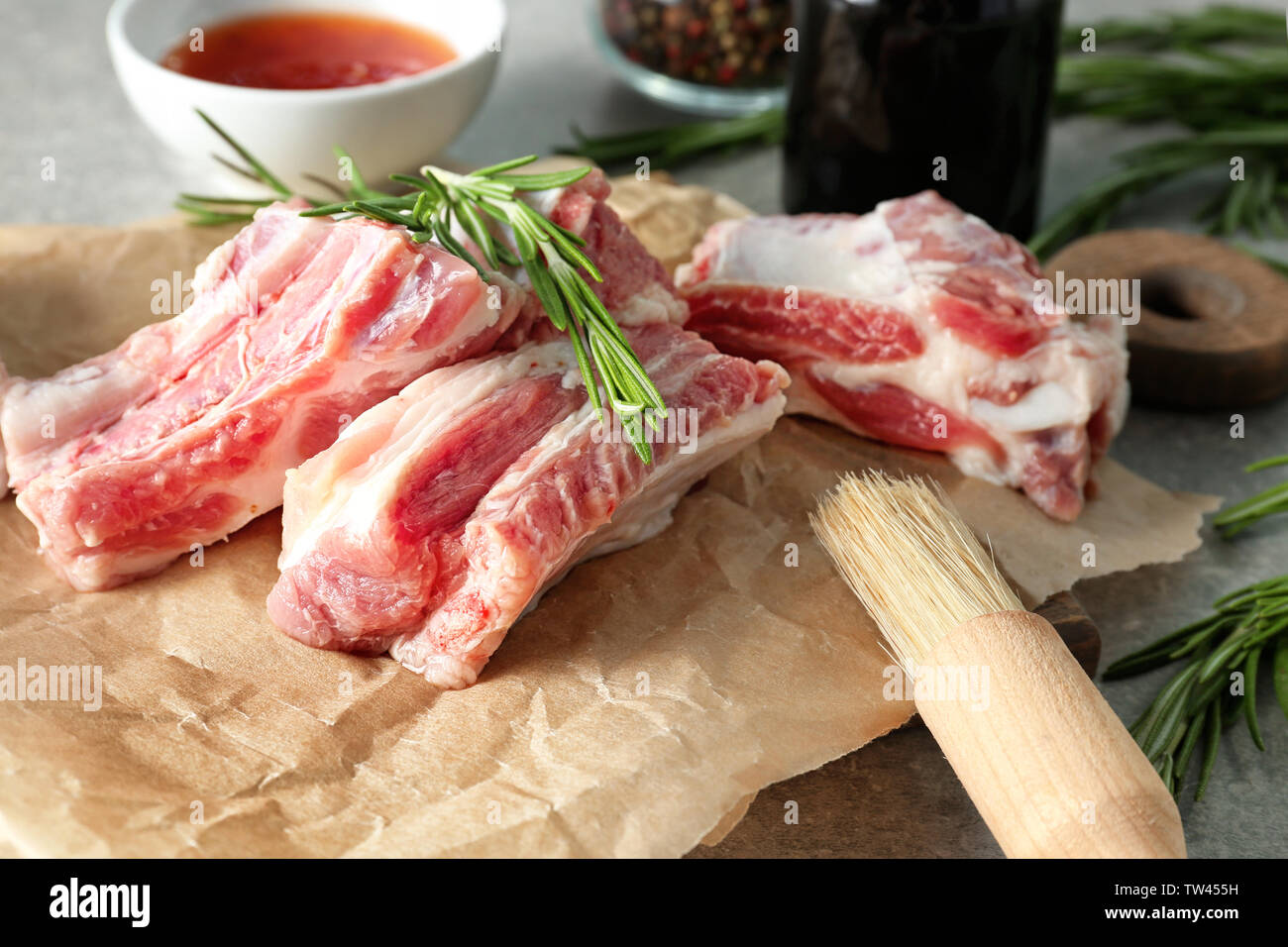 Raw ribs on parchment paper Stock Photo Alamy