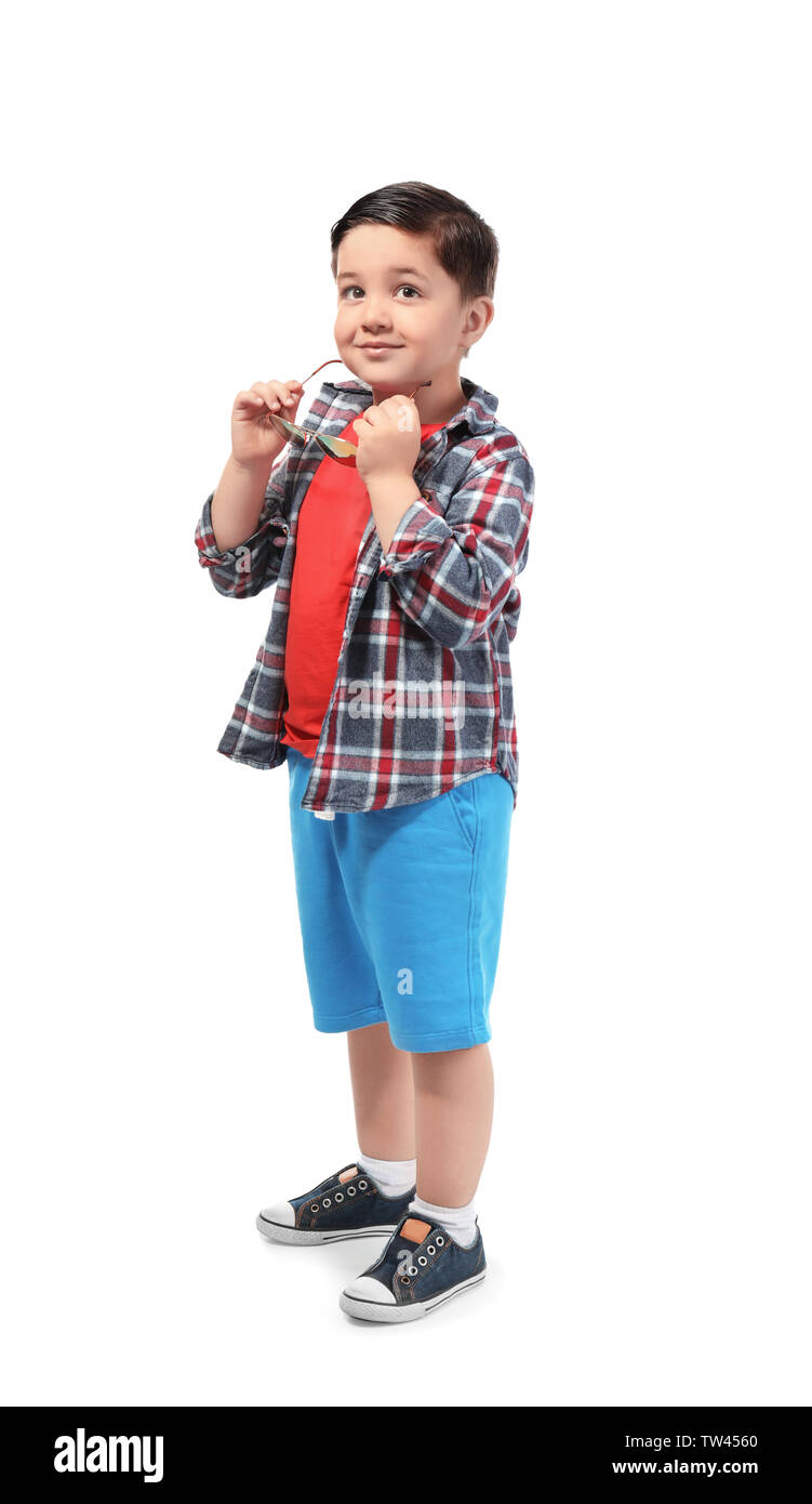 Cute little boy with sunglasses on white background Stock Photo - Alamy