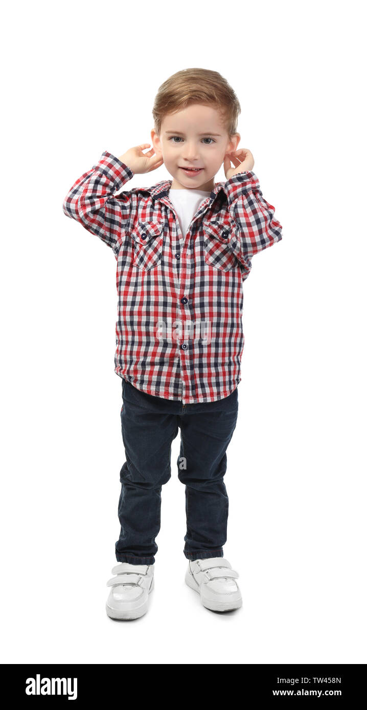 Cute little boy on white background Stock Photo - Alamy