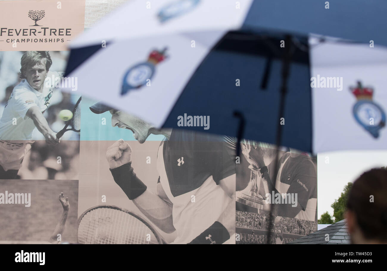 London, UK. 18th June, 2019. General view as the day is rained off from play during Day 2 of the Fever-Tree Tennis Championships 2019 at The Queen's Club, London, England on 18 June 2019. Photo by Andy Rowland. Credit: PRiME Media Images/Alamy Live News Stock Photo