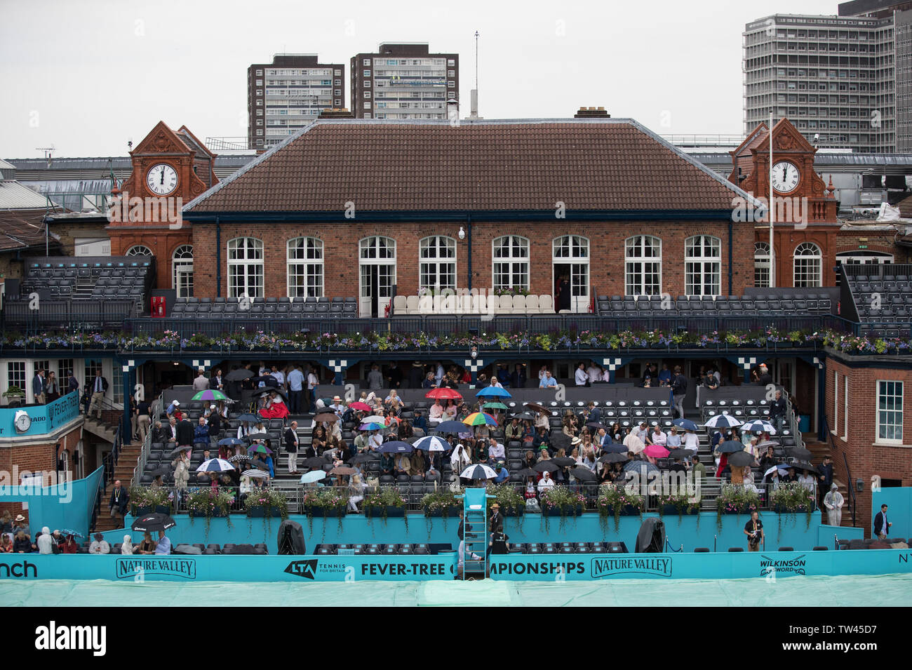 London, UK. 18th June, 2019. General view as the day is rained off from play during Day 2 of the Fever-Tree Tennis Championships 2019 at The Queen's Club, London, England on 18 June 2019. Photo by Andy Rowland. Credit: PRiME Media Images/Alamy Live News Stock Photo