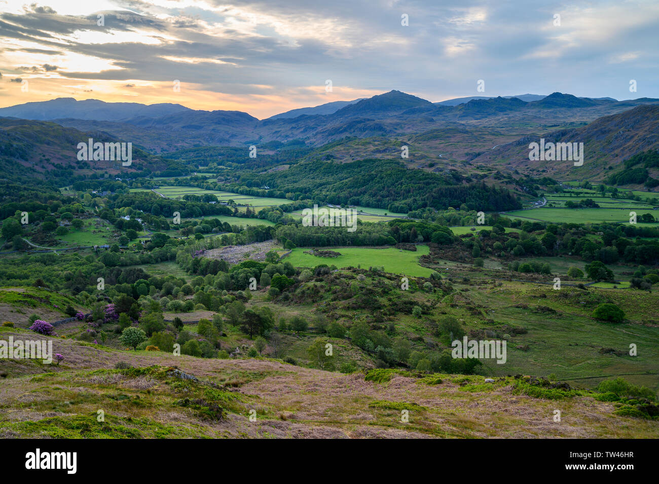 Dawn along Eskdale from Muncaster Fell, Lake District, Cumbria, England Stock Photo