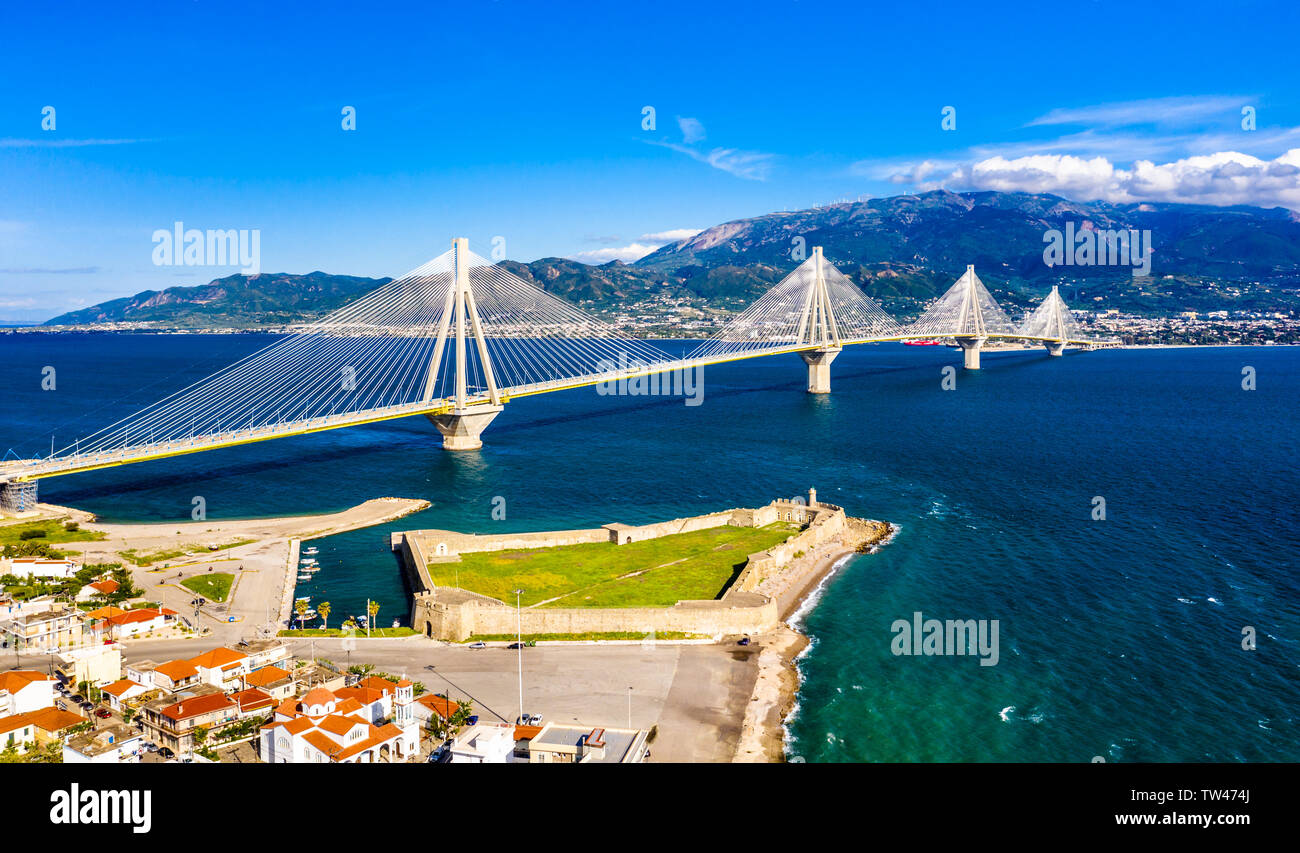 Antirrio Castle and the Rio-Antirrio Bridge in Greece Stock Photo