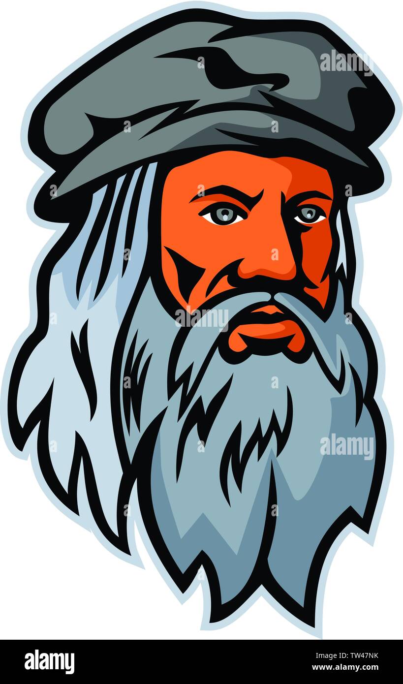 Mascot icon illustration of head of Leonardo di ser Piero da Vinci, more commonly Leonardo da Vinci, an Italian polymath of the Renaissance viewed fro Stock Vector