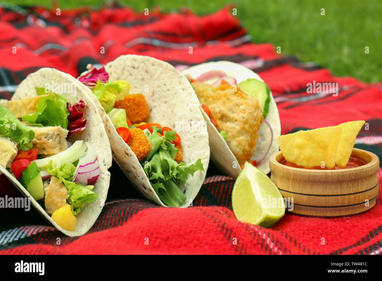 Delicious fish tacos on picnic blanket Stock Photo - Alamy